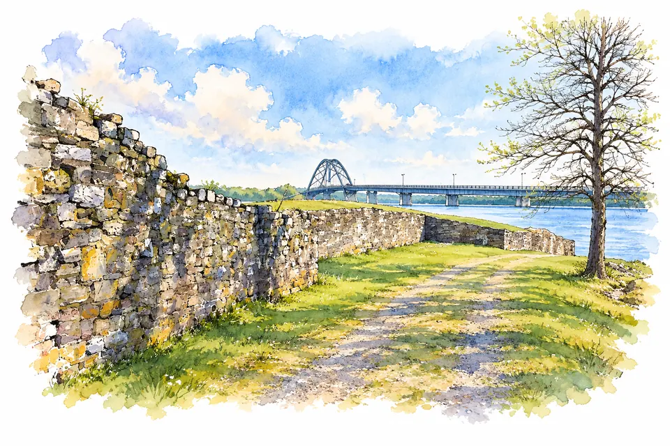 Aquarell einer Ruinenmauer von Fort St. Frédéric mit der Lake Champlain Bridge im Hintergrund.