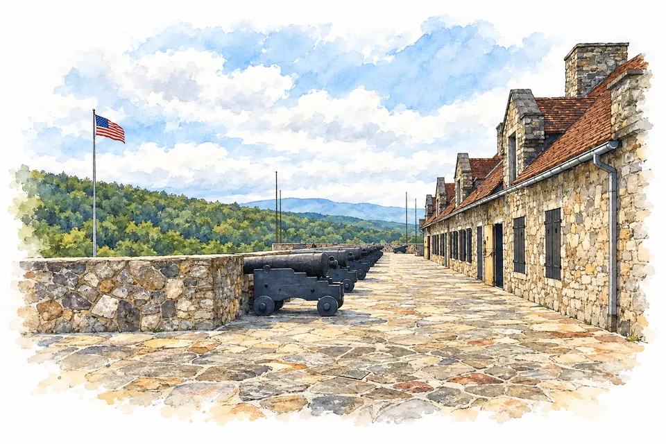 Aquarell des Bastionswegs in Fort Ticonderoga mit Steinkasernen und einer Reihe Kanonen.