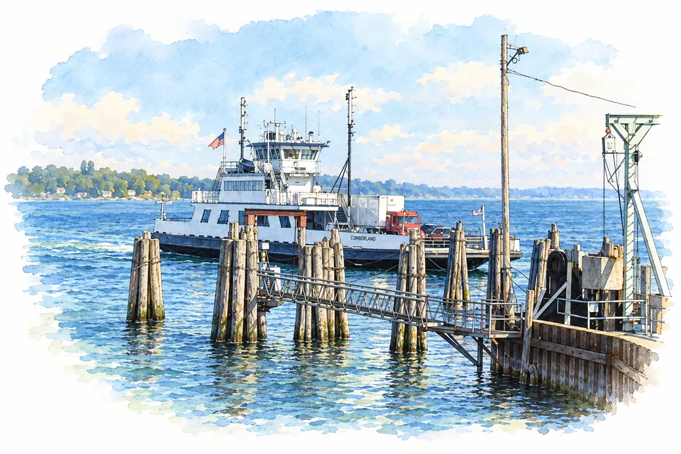 Aquarell einer Autofähre am Anleger Grand Isle am Lake Champlain.