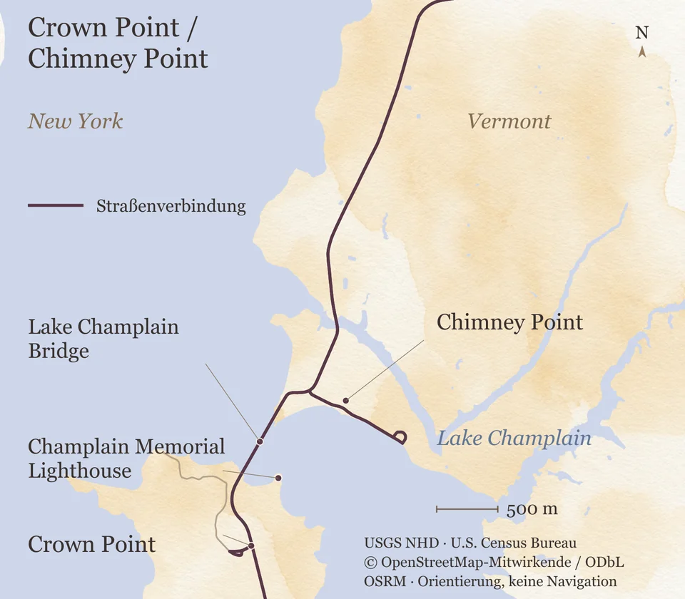 Orientierungskarte von Crown Point und Chimney Point am Lake Champlain mit der Straßenbrücke und dem Champlain Memorial Lighthouse.