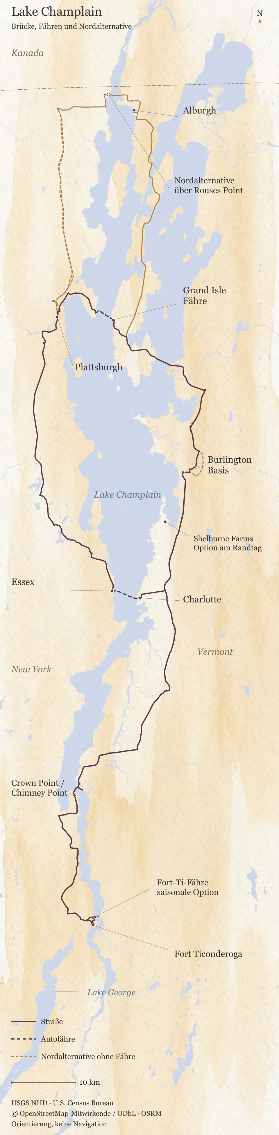 Karte des Lake Champlain mit Burlington als Standort, Südtag über die Brücke zu Crown Point und Fort Ticonderoga, Nordrunde mit zwei Autofähren sowie der fährfreien Alternative über Rouses Point.