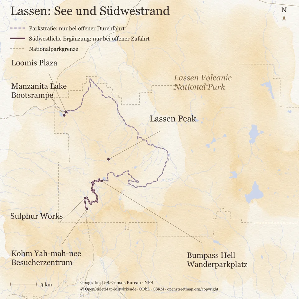 Karte des Parks mit Manzanita Lake, Bootsrampe und Loomis Plaza im Nordwesten, dem Besucherzentrum Kohm Yah-mah-nee und Sulphur Works im Südwesten, dem Wanderparkplatz von Bumpass Hell und dem Lassen Peak. Die Parkstraße ist gestrichelt als nur bei offener Durchfahrt befahrbar markiert, dazu ein Maßstab für 3 Kilometer.