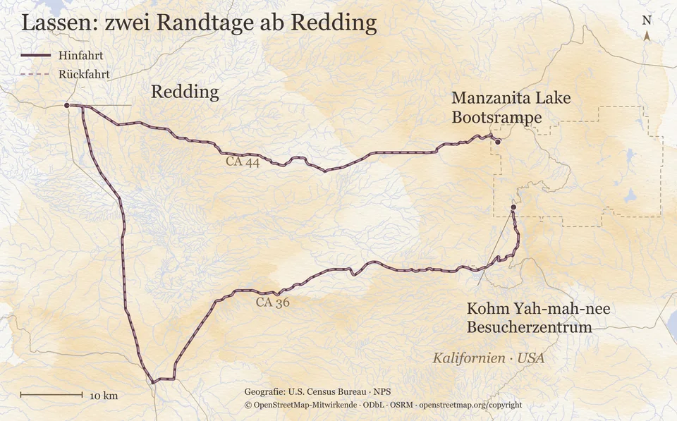 Orientierungskarte der zwei Randtage ab Redding: über die CA 44 zur Bootsrampe am Manzanita Lake und zurück sowie über Red Bluff und die CA 36 zum Besucherzentrum Kohm Yah-mah-nee und zurück, dazu die Nationalparkgrenze und ein Maßstab für 10 Kilometer.