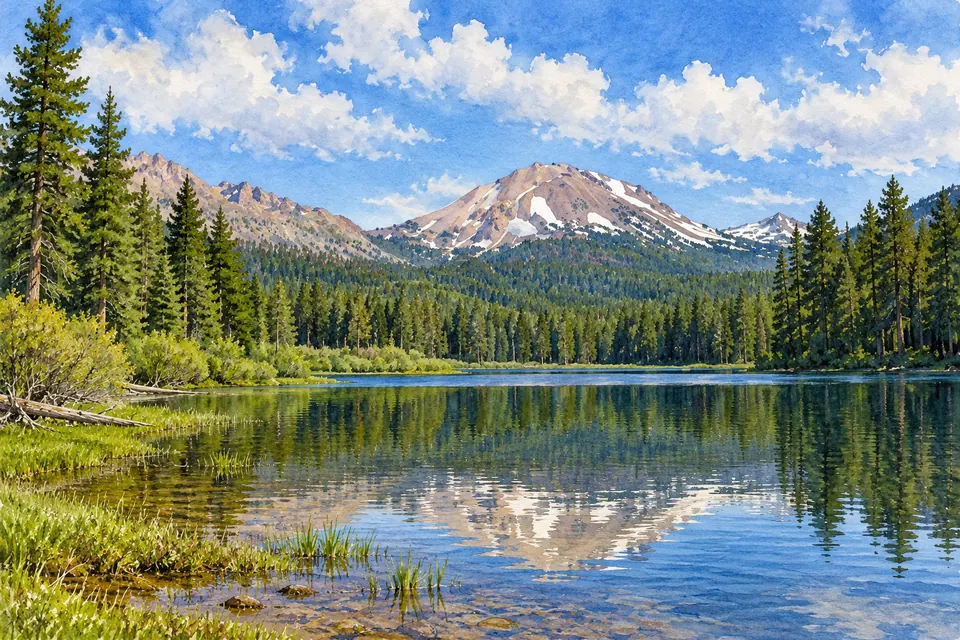 Aquarell eines ruhigen Sees mit Spiegelung, dahinter Nadelwald und ein breiter, heller Berg mit Schneerinnen, links eine Kette spitzer Felsgipfel. Im Vordergrund ein grasiges Ufer mit Totholz.