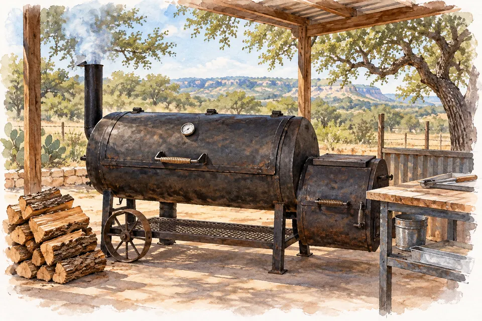 Ein schwarzer zylindrischer Smoker mit geschlossener Garkammer, seitlicher Feuerkammer und Kamin steht unter einem offenen Dach; daneben liegen Holzscheite.