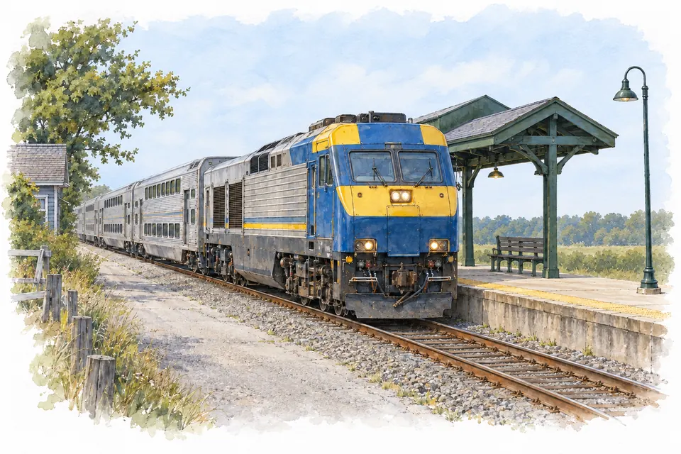 Aquarell eines Zugs mit Diesellok an einem kleinen Bahnsteig mit Dach und Laterne, vereinfacht dargestellt.