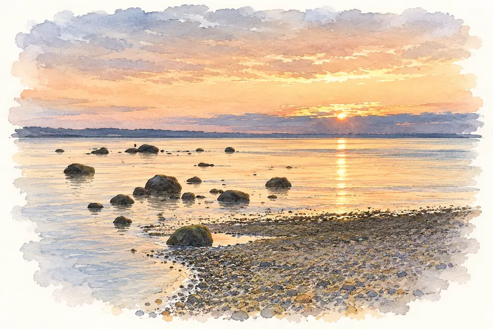 Aquarell eines Kiesufers mit runden Steinen im flachen, ruhigen Wasser bei tief stehender Sonne; am Horizont ein flacher Landstreifen unter pfirsichfarbenen Wolken.