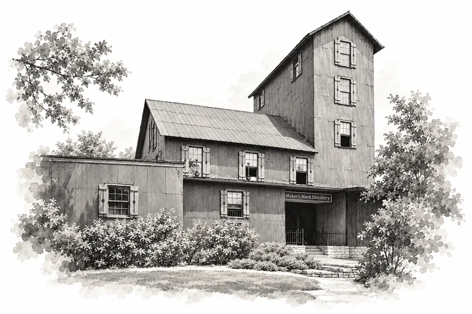 Aquarell in Grautönen: ein hoher, verschalter Turm mit Giebeldach neben einem zweigeschossigen Bau mit Fensterläden, über dem Eingang ein Schild „Maker's Mark Distillery“, davor Sträucher.