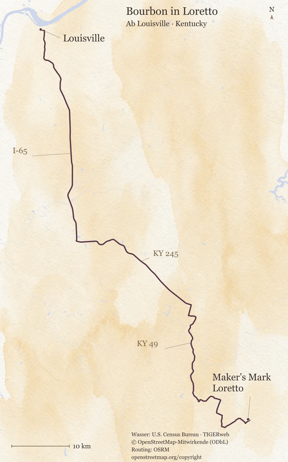 Orientierungskarte der Fahrt von Louisville nach Süden über die I-65, die KY 245 und die KY 49 bis zu Maker's Mark in Loretto, oben links der Ohio River, mit Maßstab für 10 Kilometer.