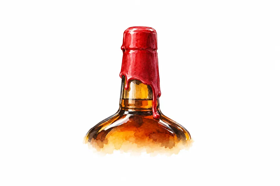 Aquarell eines Flaschenhalses mit roter Wachskappe, von der Wachstropfen über das bernsteinfarbene Glas laufen.