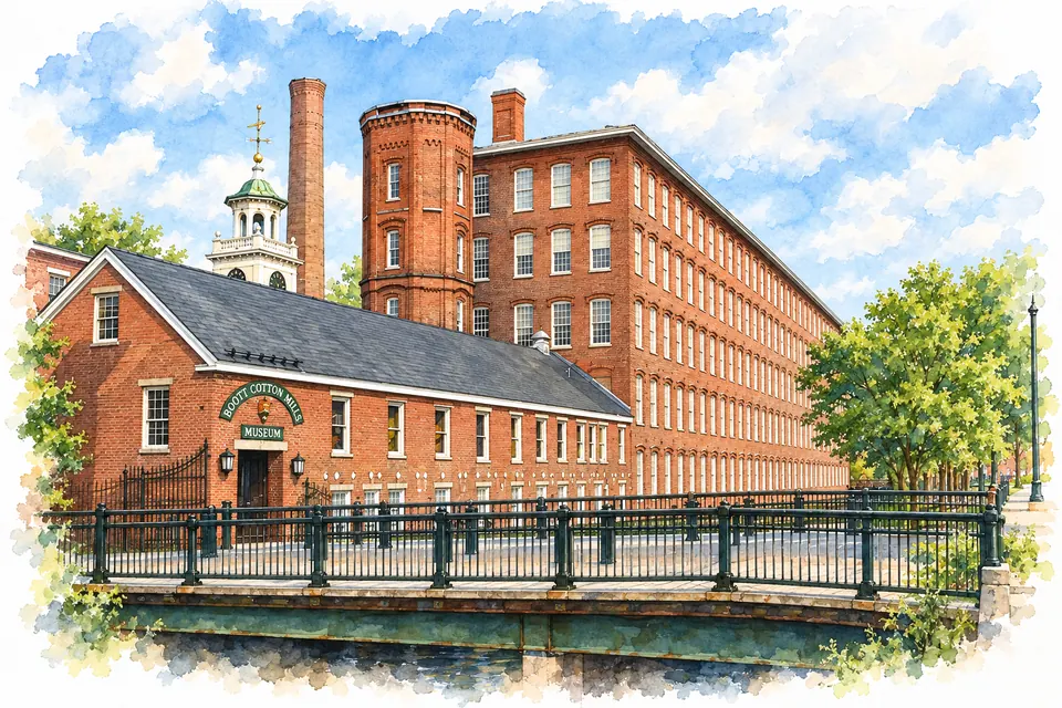 Langes mehrgeschossiges Fabrikgebäude aus Backstein mit rundem Treppenturm und hohem Schornstein; davor ein niedriger Backsteinbau mit dem Schild „Boott Cotton Mills Museum“, links dahinter ein Uhrturm, vorn eine Brücke mit dunklem Eisengeländer über Wasser.