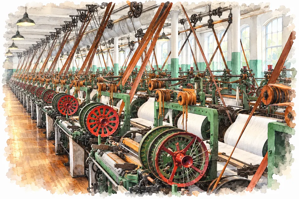 Lange Reihen grüner Webstühle mit roten runden Trommeln an der Seite; schräge Lederriemen führen von Wellen unter der Decke zu den Maschinen, die Wände sind unten grün und oben weiß.