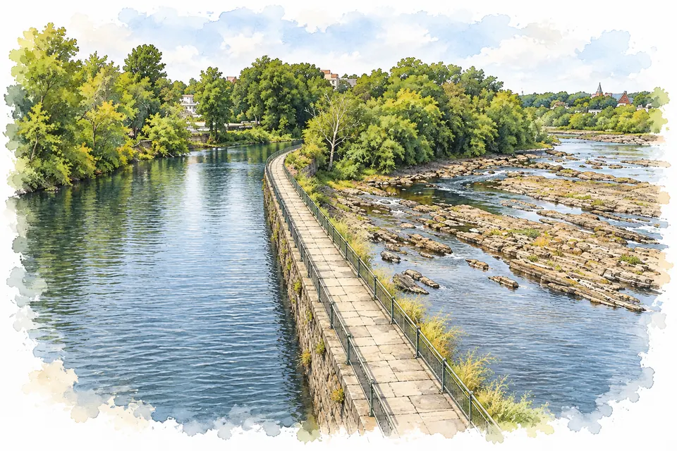 Blick entlang einer schmalen Steinmauer mit Gehweg und Geländer: links ruhiges, breites Kanalwasser, rechts ein flacher Fluss mit Felsbänken und Stromschnellen, an beiden Ufern Laubbäume.