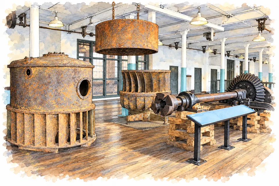Rostige Teile einer zerlegten Wasserturbine in einer Ausstellungshalle: links das geschlitzte Gehäuse, in der Mitte das Laufrad unter einem hängenden Deckel, rechts eine Welle mit Kegelrad auf Holzböcken.