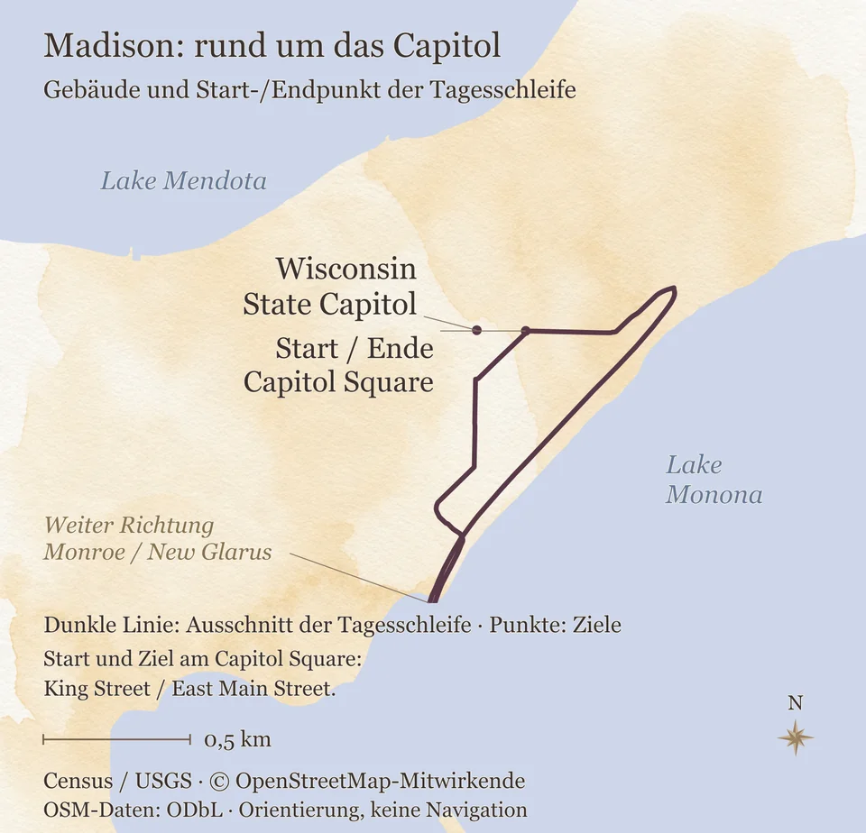 Detailkarte von Madison zwischen Lake Mendota und Lake Monona mit Wisconsin State Capitol und dem Start- und Endpunkt an King Street und East Main Street.