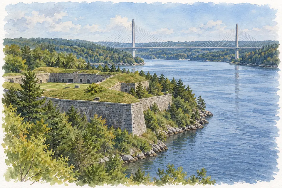 Aquarell einer niedrigen Festung aus Granit mit begrasten Wällen am bewaldeten Ufer eines Flusses, dahinter eine Schrägseilbrücke mit zwei Pylonen.