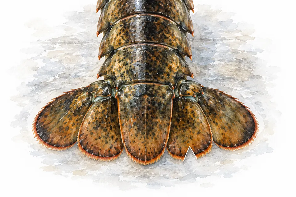 Aquarell: aufgefächerte Schwanzflosse eines lebenden Hummers von oben mit fünf Flossenblättern, im Blatt neben dem mittleren eine kleine V-förmige Kerbe in der Kante.