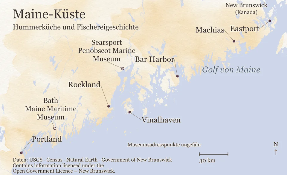Orientierungskarte der Küste von Maine mit dem Golf von Maine, den Orten Portland, Rockland, Vinalhaven, Bar Harbor, Machias und Eastport sowie dem Maine Maritime Museum in Bath und dem Penobscot Marine Museum in Searsport. Im Nordosten New Brunswick in Kanada, die Maßstabsleiste zeigt 30 Kilometer.