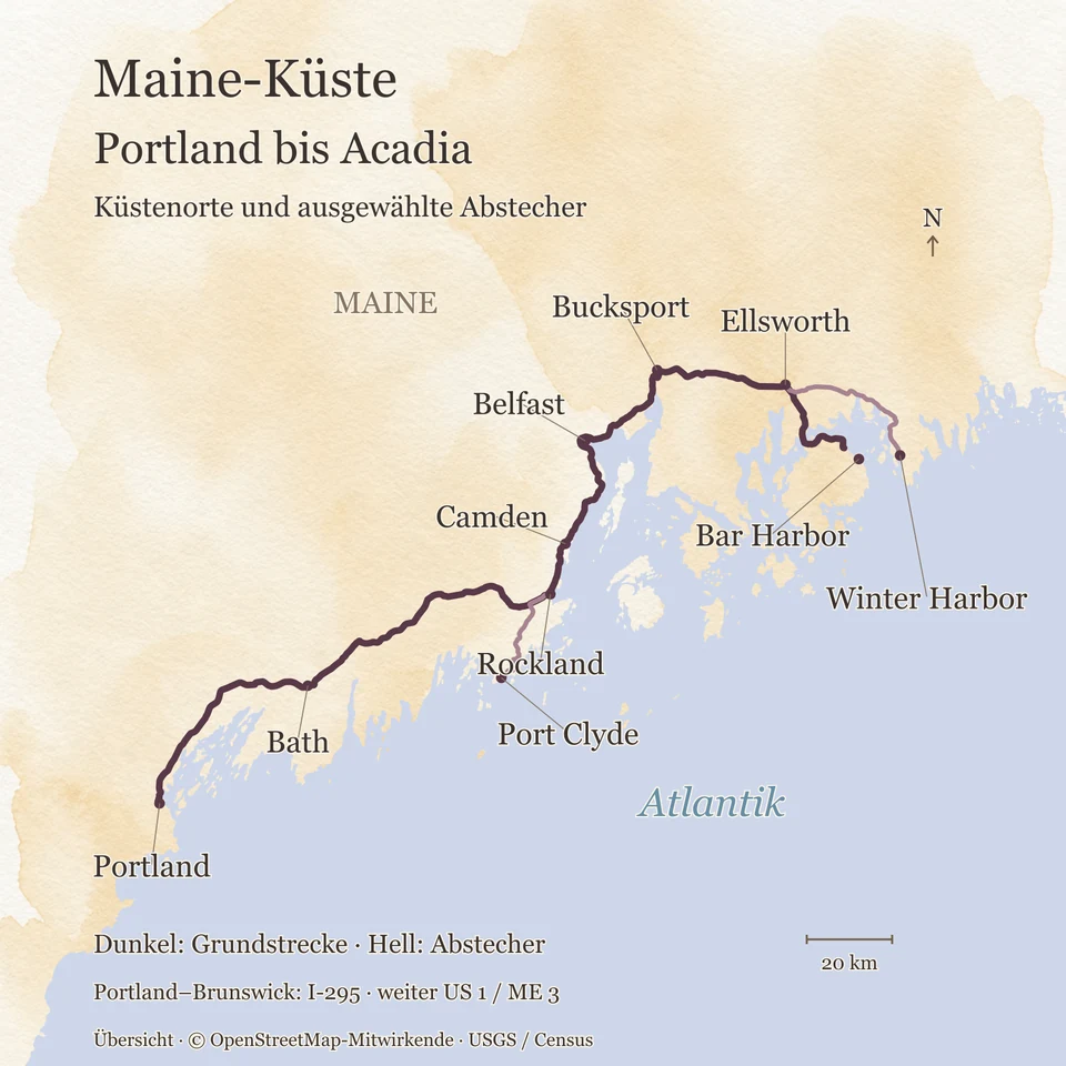 Übersichtskarte der Küste von Maine von Portland über Bath, Rockland, Camden, Belfast und Ellsworth bis Acadia, mit Abstechern nach Port Clyde und Winter Harbor.