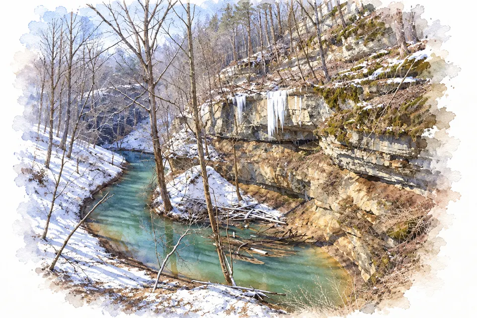 Aquarell des Bachs am Grund von Cedar Sink im Winter mit verschneiten Ufern und Eiszapfen an den Kalkwänden.