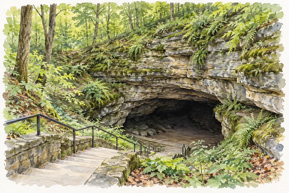 Aquarell einer Besuchertreppe, die im Laubwald zu einem niedrigen dunklen Höhleneingang unter geschichtetem Kalkfels hinabführt.