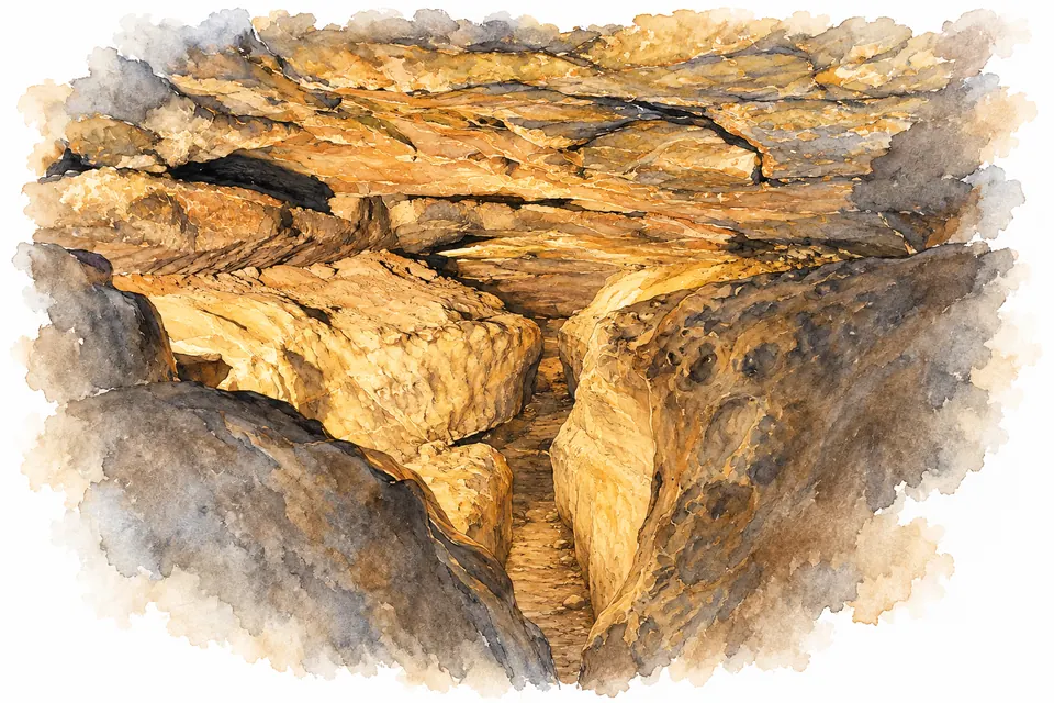 Aquarell des engen Gangs Fat Man’s Misery: unten eine schmale Rinne zwischen hellen Kalkfelsen, darüber ein breiterer Höhlenraum.