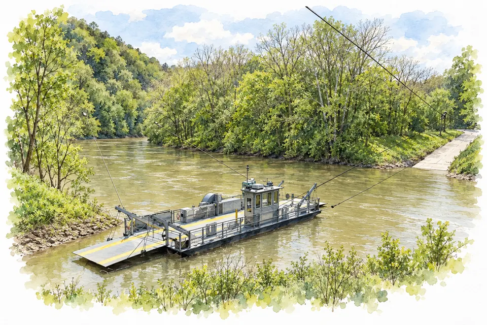 Aquarell der Green River Ferry: eine flache Fahrzeugfähre mit kleinem Steuerhaus an Führungsseilen auf dem Fluss zwischen bewaldeten Ufern, rechts eine Betonrampe.