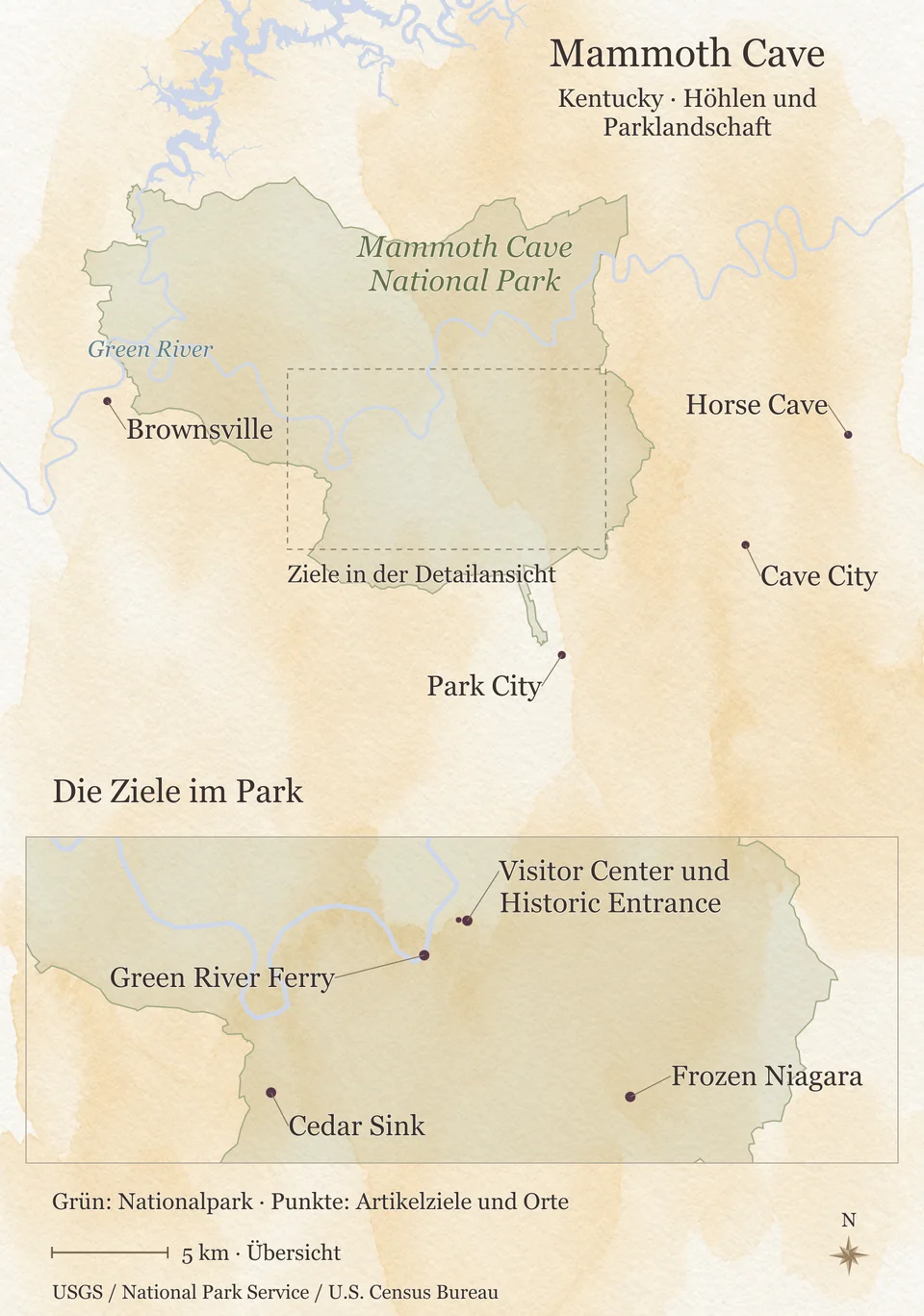Orientierungskarte von Mammoth Cave mit dem Nationalpark, dem Green River und den Orten Brownsville, Park City, Cave City und Horse Cave. Eine vergrößerte Detailansicht zeigt Visitor Center und Historic Entrance, Green River Ferry, Cedar Sink und Frozen Niagara. Maßstabsleiste 5 Kilometer.