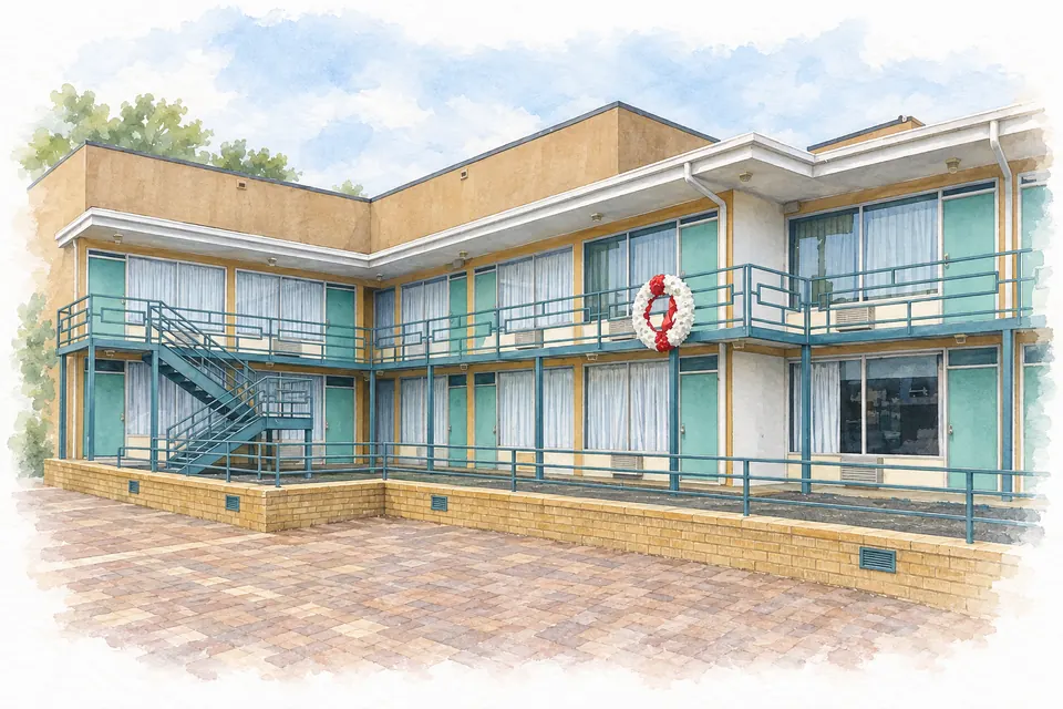 Aquarell: ein zweigeschossiger Motelbau in L-Form mit türkisfarbenen Türen und einer durchgehenden Galerie mit Geländer im Obergeschoss. Am Geländer hängt ein weiß-roter Kranz.