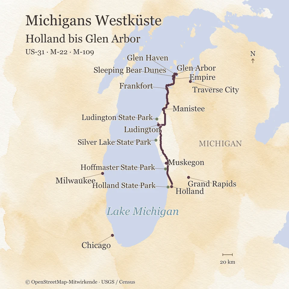 Übersichtskarte am Ostufer des Lake Michigan von Holland über Muskegon, Manistee und Frankfort bis Glen Arbor mit vier State Parks, Sleeping Bear Dunes und den Umgebungsorten Chicago, Milwaukee, Grand Rapids und Traverse City.
