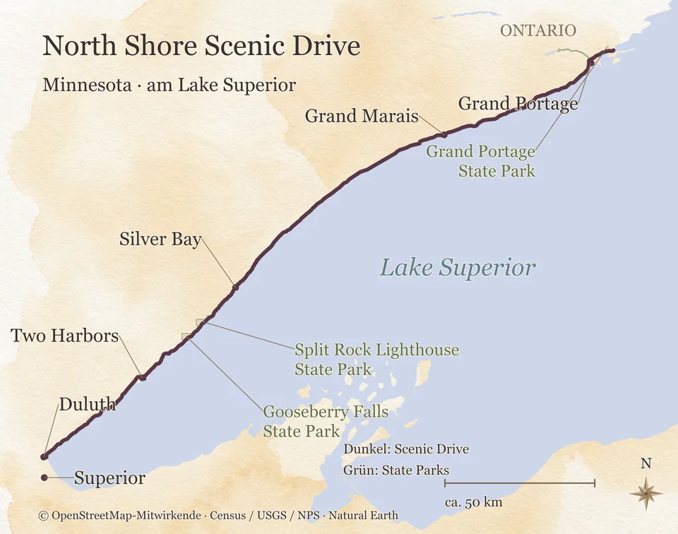 North Shore Scenic Drive von Duluth über Two Harbors, Silver Bay und Grand Marais zur kanadischen Grenze; Gooseberry Falls, Split Rock und Grand Portage State Park am Lake Superior.