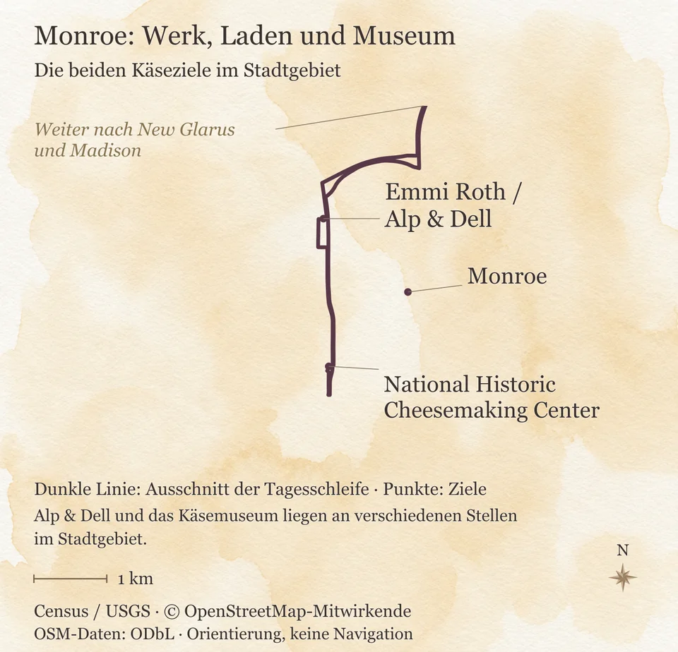 Detailkarte von Monroe mit Alp & Dell, National Historic Cheesemaking Center und der Route weiter nach New Glarus und Madison.