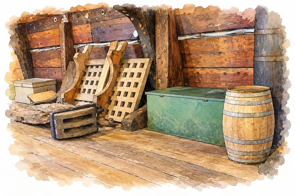 Aquarell eines Holzfasses mit Metallreifen neben einem grünen Kasten im hölzernen Laderaum der Charles W. Morgan, dahinter Spanten und Gräting.