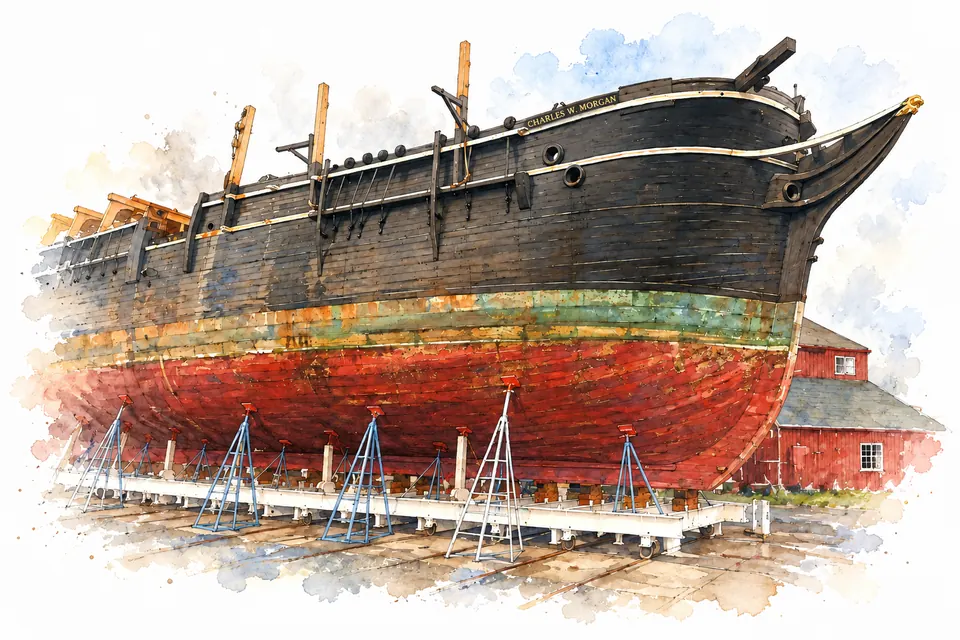 Aquarell des aufgestützten Rumpfs der Charles W. Morgan an Land, oben schwarz, unter der Wasserlinie rot, darunter Stützen und ein Schienengestell.