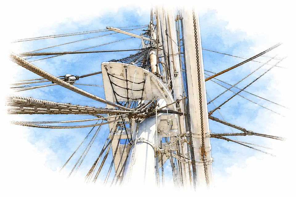 Aquarell eines weißen Masts der Charles W. Morgan von unten mit Plattform, Netz, vielen quer laufenden Tauen und einer Kette vor blauem Himmel.