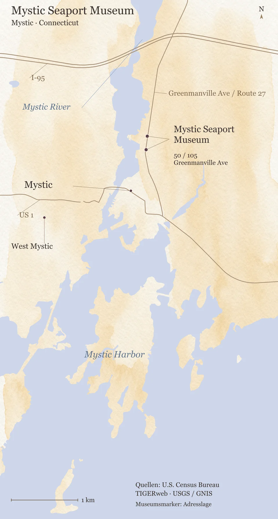 Orientierungskarte von Mystic in Connecticut mit Mystic River und Mystic Harbor, den Museumsadresslagen an der Greenmanville Avenue sowie I-95, Route 27, US 1 und West Mystic.
