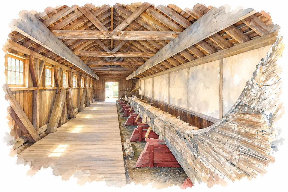 Aquarell einer hölzernen Halle mit offenem Dachstuhl, Fenstern links, Plankenweg und einem langen alten Holzbauteil auf roten Stützen rechts.