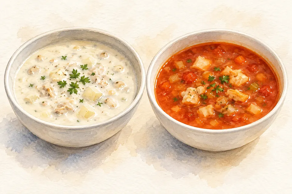 Aquarell zweier Schalen Clam Chowder: links eine milchig helle Suppe mit Muschelstücken, rechts eine rote Tomatenbrühe mit kleinen Würfeln.