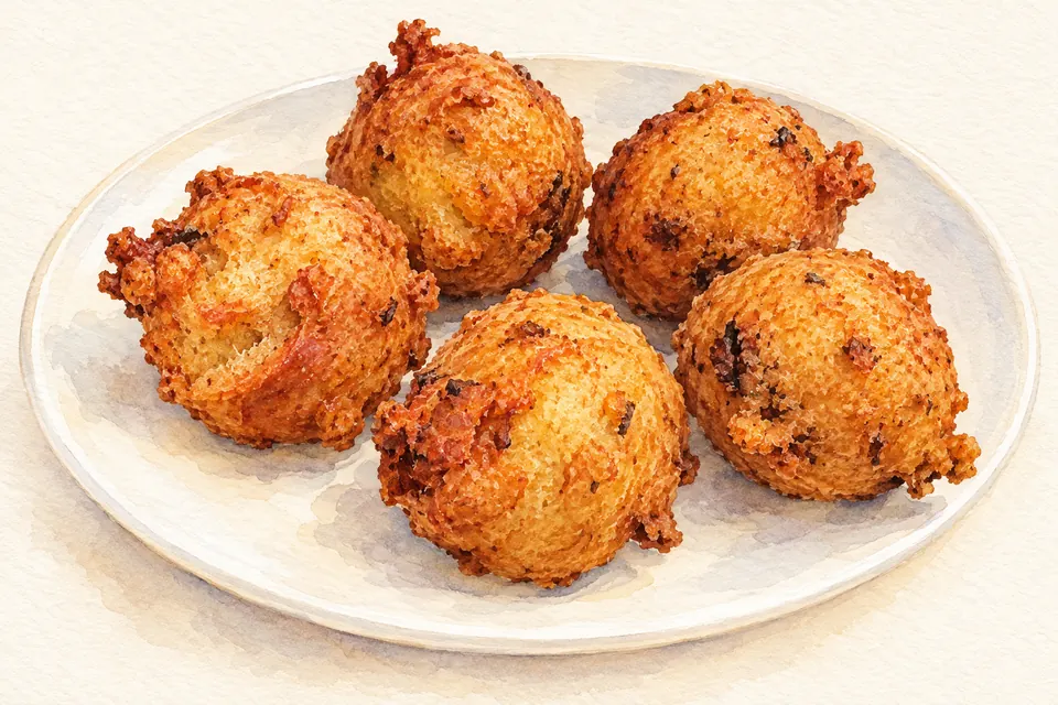 Aquarell von fünf goldbraunen, runden Clam Cakes mit unregelmäßiger Kruste auf einem hellen Teller.