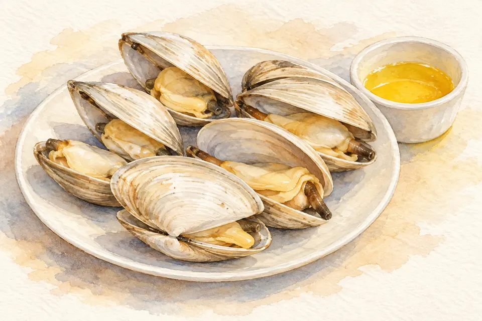 Aquarell geöffneter, gedämpfter Muscheln auf einem Teller, daneben ein Schälchen mit geschmolzener Butter.