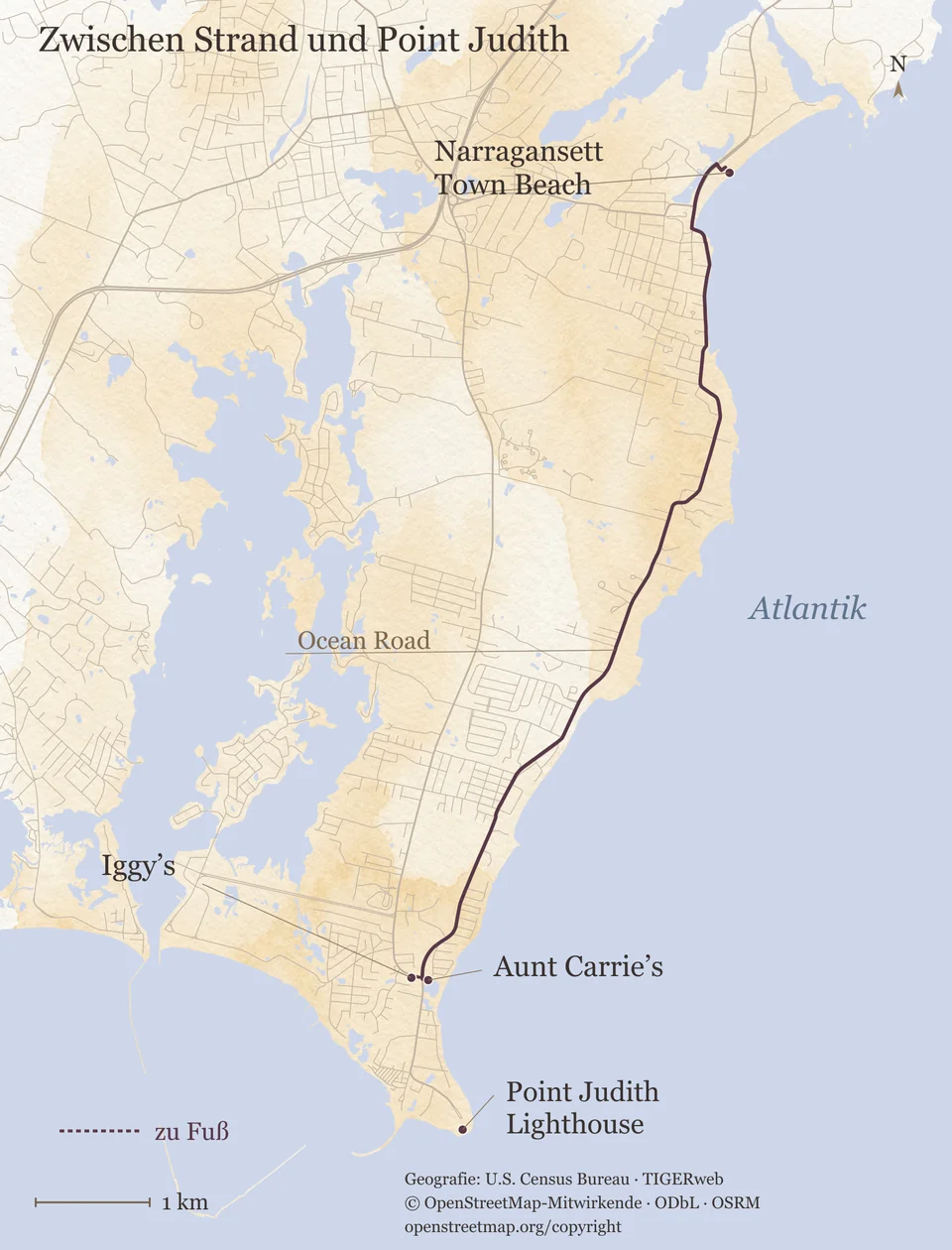 Detailkarte von Narragansett Town Beach entlang der Ocean Road bis zu Aunt Carrie's und Iggy's am Point Judith, mit gestricheltem Fußweg zwischen beiden Lokalen, dem Point Judith Lighthouse im Süden und dem Atlantik im Osten, mit Maßstab für 1 Kilometer.