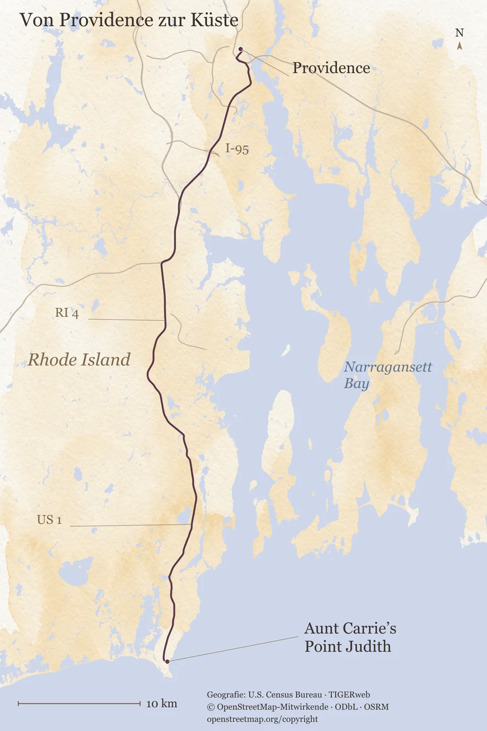 Orientierungskarte der Fahrt von Providence nach Süden über die I-95, die RI 4 und die US 1 bis zu Aunt Carrie's am Point Judith, östlich davon die Narragansett Bay, mit Maßstab für 10 Kilometer.