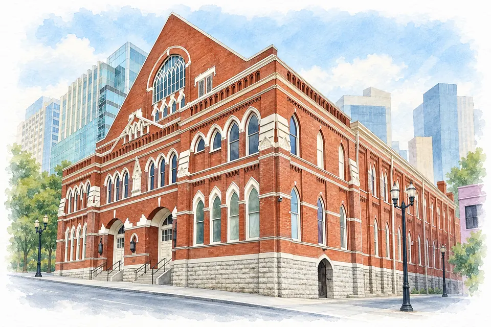 Aquarell: ein langgestreckter Backsteinbau im neugotischen Stil mit steilem Giebel, großem Maßwerkfenster und zwei Reihen hoher Spitzbogenfenster, im Hintergrund blasse Hochhäuser.