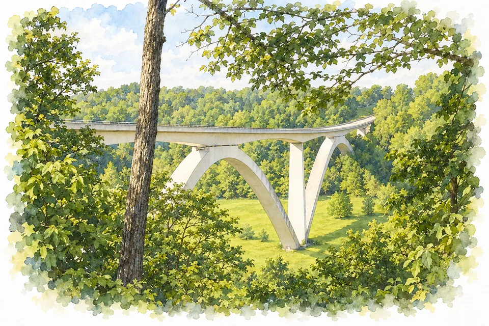 Aquarell einer hellen Betonbrücke mit zwei geschwungenen Bogenabschnitten über einem bewaldeten Tal, im Vordergrund ein Baumstamm.