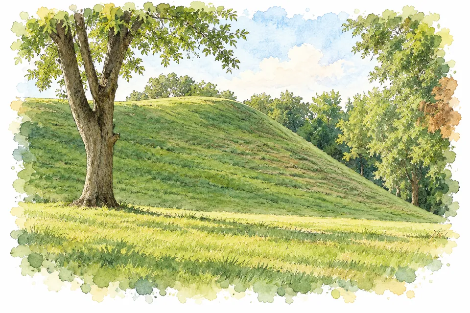 Aquarell einer grasbewachsenen Hügelflanke mit einem Baum im Vordergrund, dahinter Laubbäume.