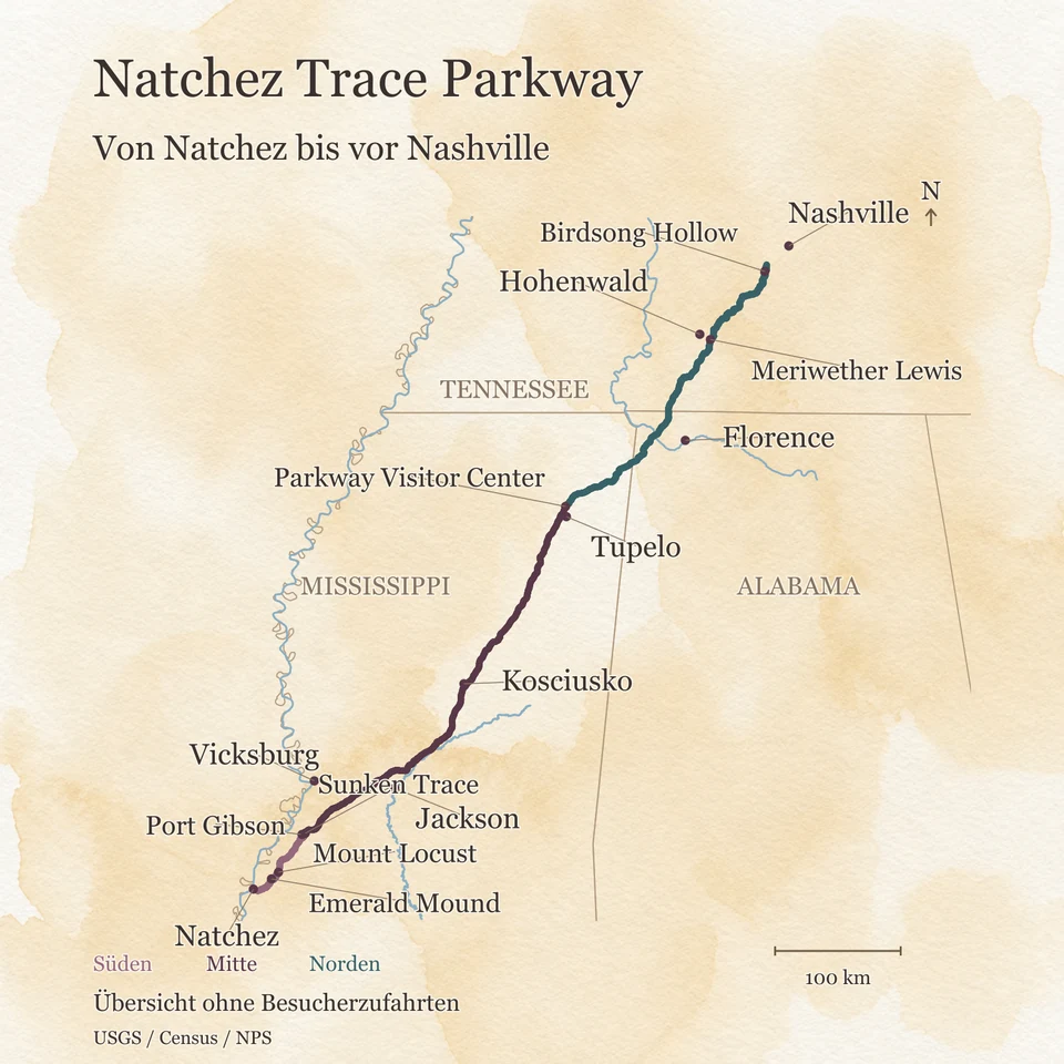 Übersichtskarte des Natchez Trace Parkway von Natchez bis zum Highway 100 südwestlich von Nashville, mit ausgewählten Halten, den Umgebungsorten Vicksburg und Florence sowie Mississippi, Tennessee und Alabama.