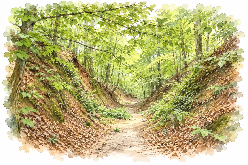 Aquarell eines tief eingeschnittenen Erdwegs zwischen bewachsenen, mit Laub bedeckten Böschungen unter einem grünen Baumdach.