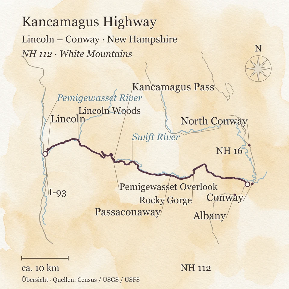 Übersichtskarte des Kancamagus Highway zwischen Lincoln und Conway mit Kancamagus Pass, Lincoln Woods, Pemigewasset Overlook und Rocky Gorge.