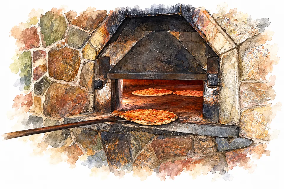 Aquarell einer gemauerten Ofenöffnung mit dunkler Metallhaube und einem Pizzaschieber.