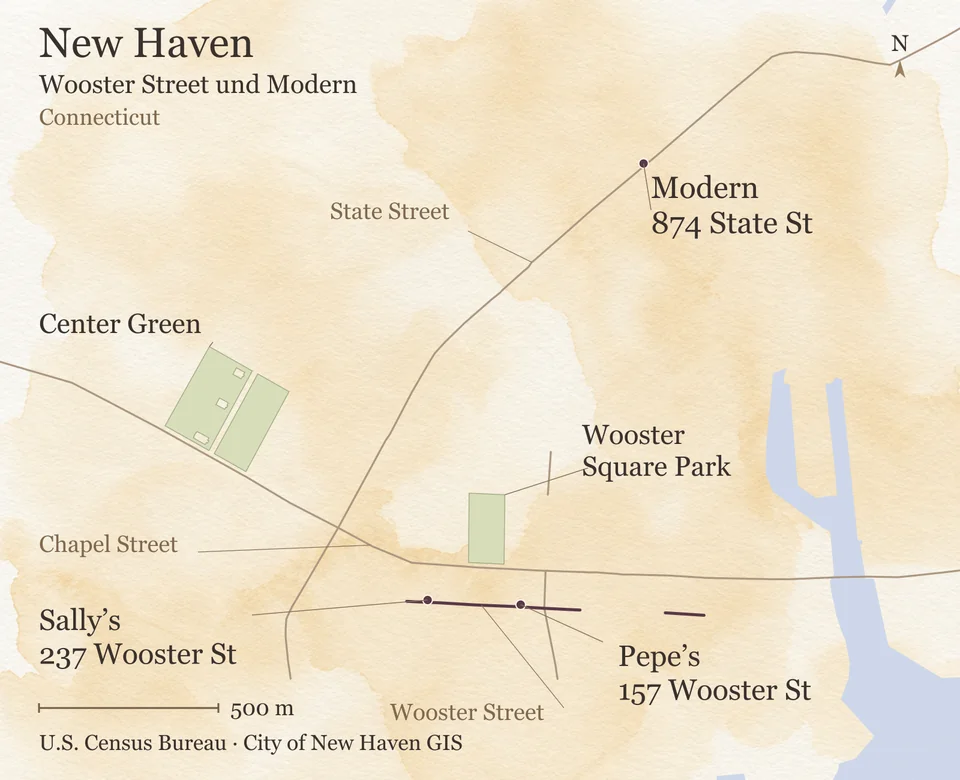 Karte von New Haven mit Pepe's und Sally's an der Wooster Street, dem Wooster Square Park, dem Center Green und Modern an der State Street; Übersicht ohne Navigationsroute.